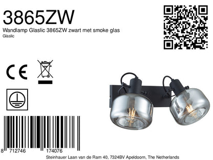 Wandlamp Glaslic 3865ZW zwart met smoke glas