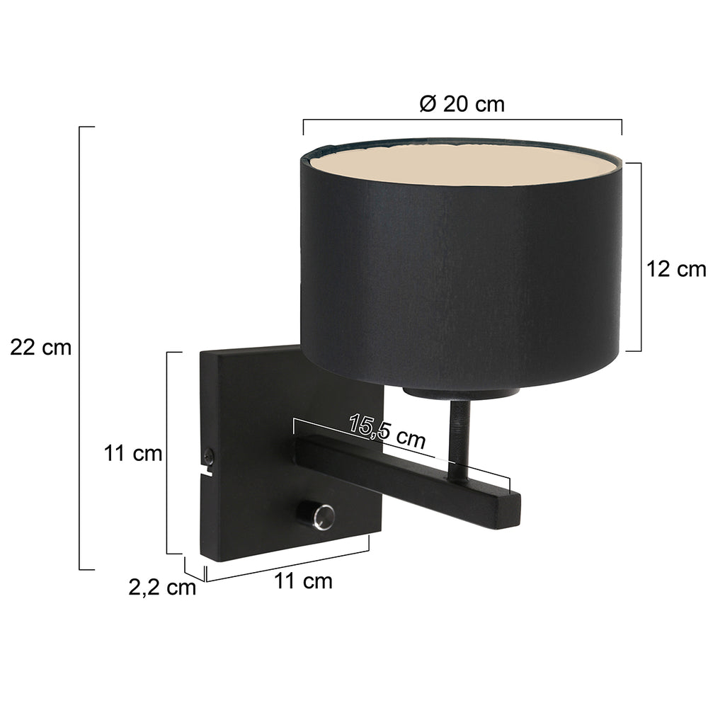 wall lamp rod 7200zw black + shade black linen