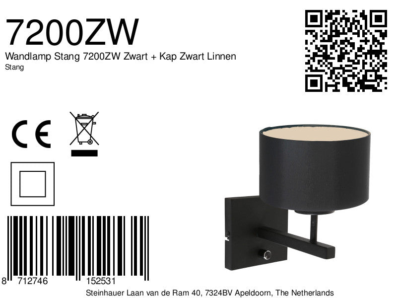 wandlamp stang 7200zw zwart + kap zwart linnen