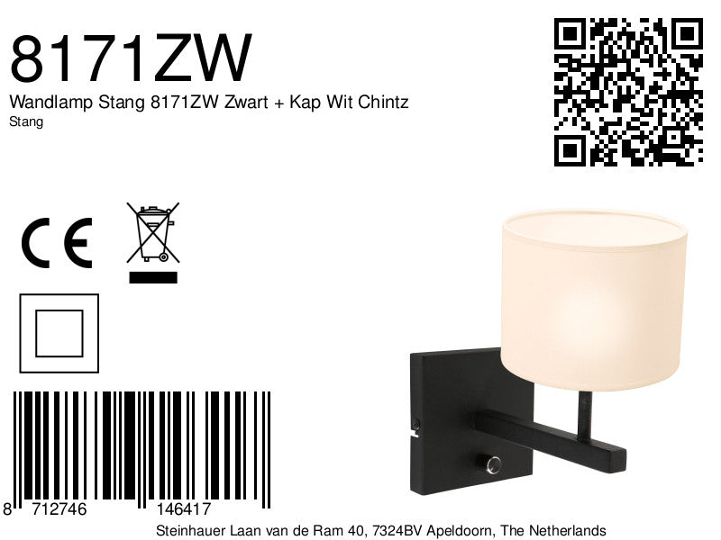 wall lamp rod 8171zw black + shade white chintz