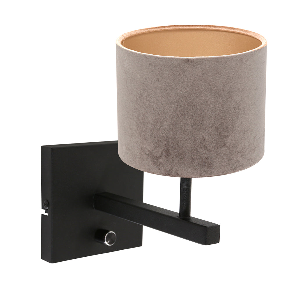 wandlamp stang 8175zw zwart + kap velours zilver