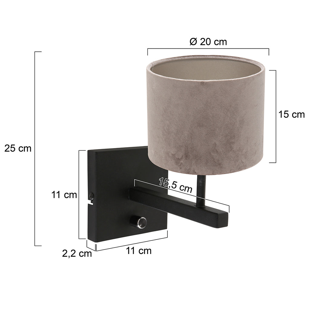 wall lamp rod 8175zw black + shade velvet silver