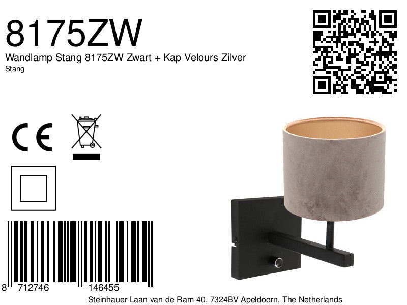 wandlamp stang 8175zw zwart + kap velours zilver