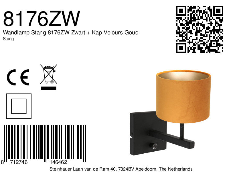 wall lamp rod 8176zw black + shade velvet gold