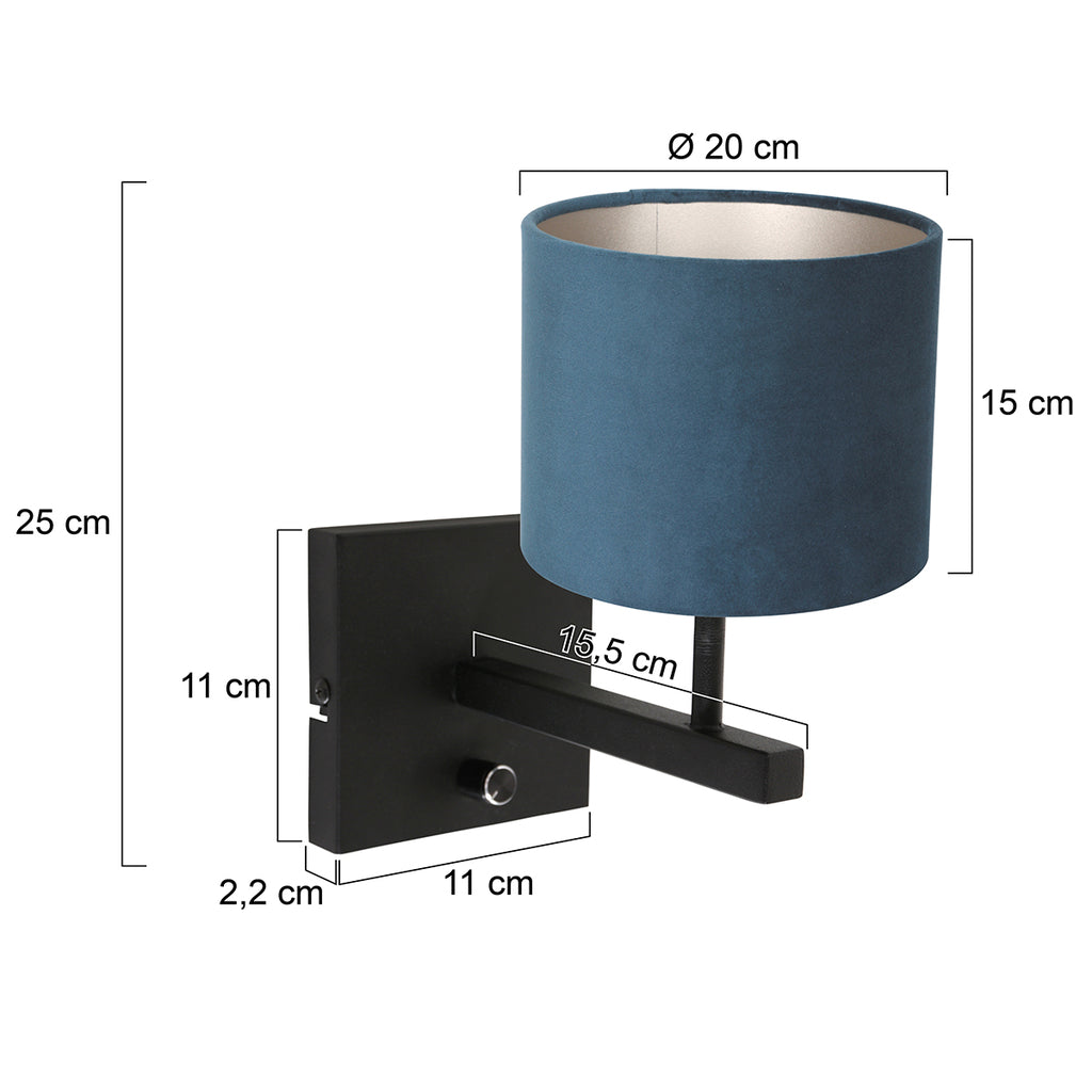 wall lamp rod 8251zw black + shade velvet blue