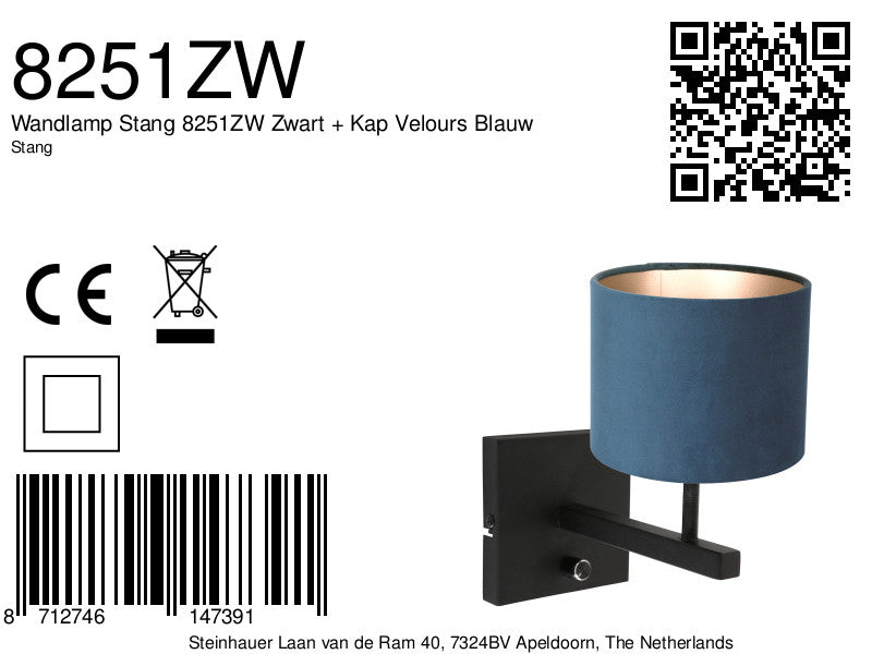 wall lamp rod 8251zw black + shade velvet blue