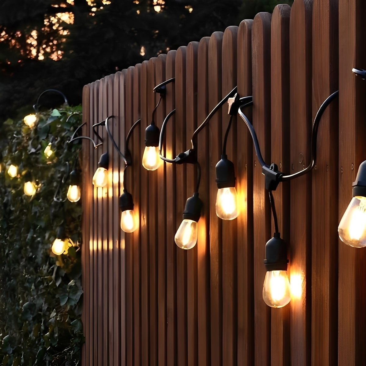 Lichtsnoer met warme ledlampjes langs een terras in de avond