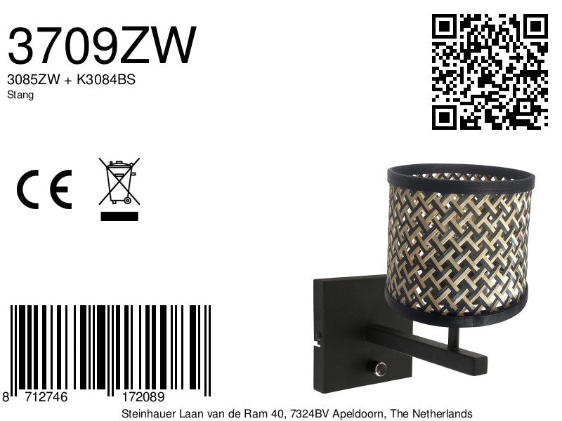 black wall lamp rod 3709zw with rotary switch and natural black bamboo shade