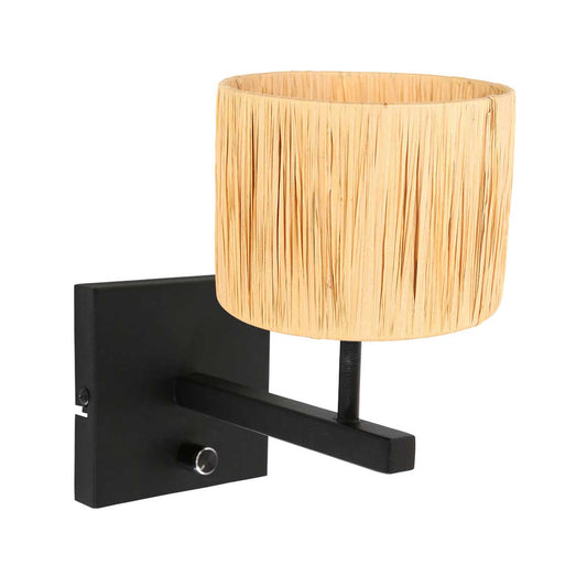 Black wall lamp Rod 3710ZW with switch and natural-colored grass shade