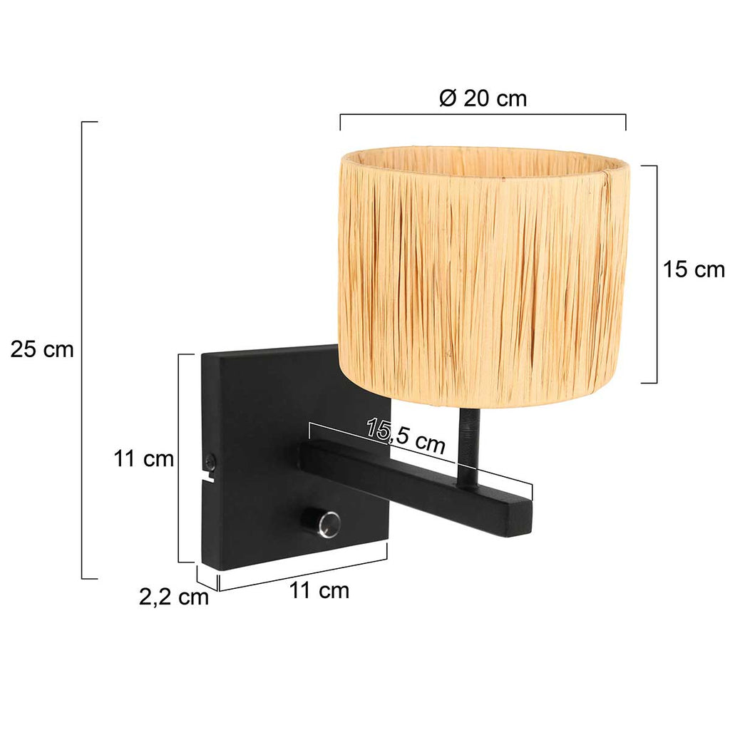 zwarte wandlamp stang 3710zw met schakelaar en naturelkleurig gras kap