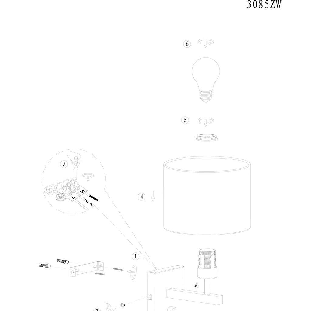 black wall lamp rod 3710zw with switch and natural-colored grass shade