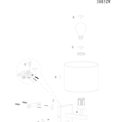 Black wall lamp Rod 3710ZW with switch and natural-colored grass shade