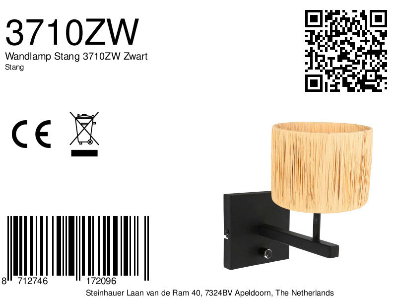 black wall lamp rod 3710zw with switch and natural-colored grass shade