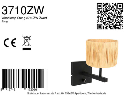 Black wall lamp Rod 3710ZW with switch and natural-colored grass shade