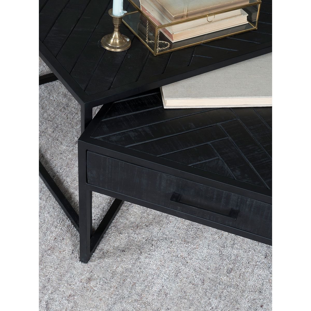 ruby herringbone coffee table - black mango wood - set of 2