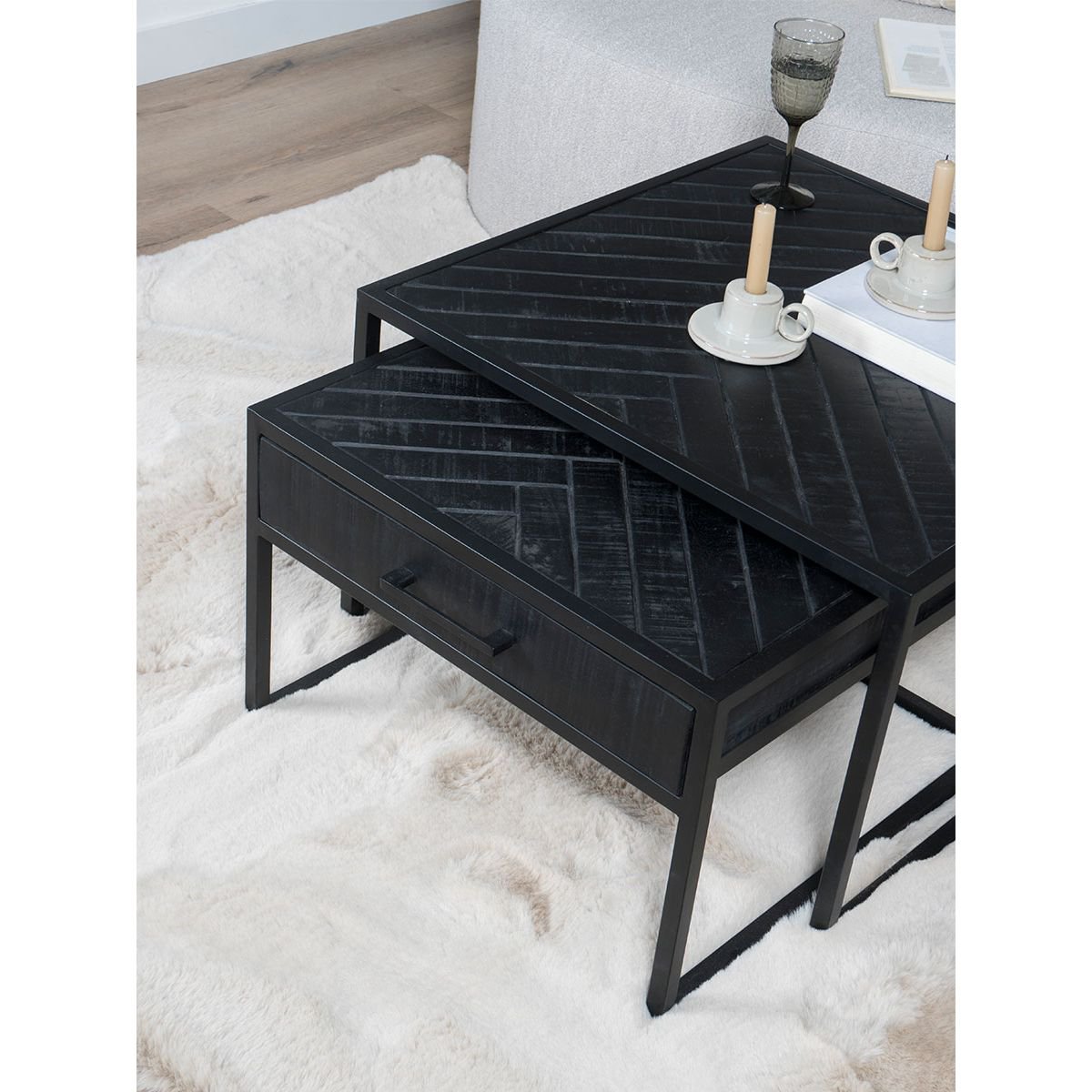 ruby herringbone coffee table - black mango wood - set of 2