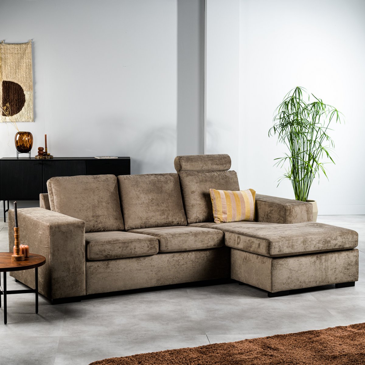 3 seater sofa cl l+r, with headrest, hotel chique fabric, h430 brown