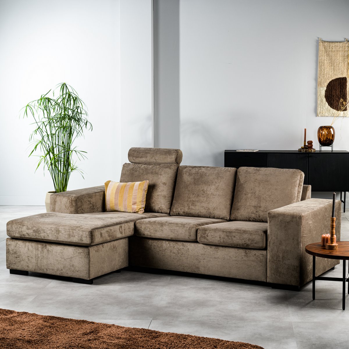 3 seater sofa cl l+r, with headrest, hotel chique fabric, h430 brown