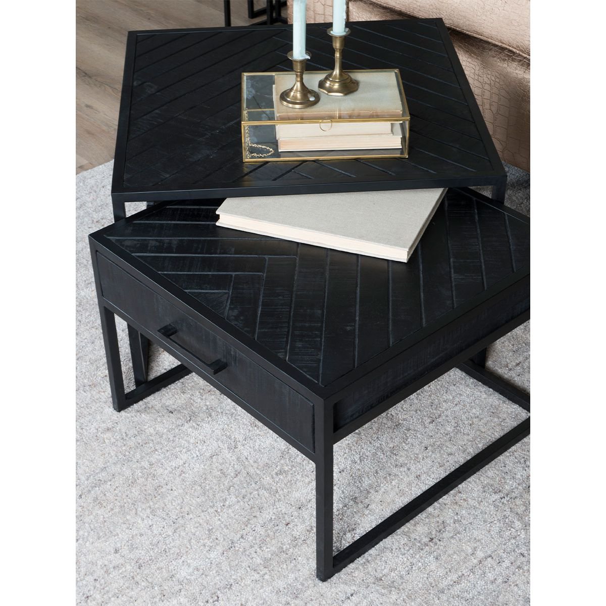 ruby herringbone coffee table - black mango wood - set of 2