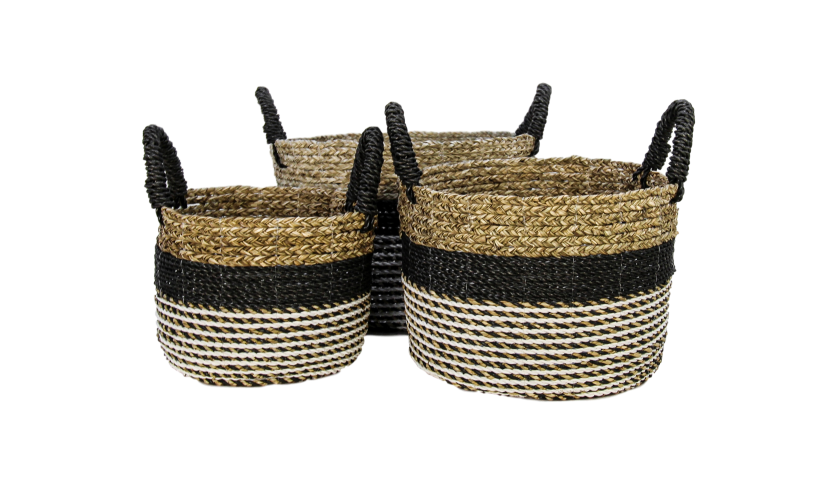 malibu basket set - black/natural/white - raffia/seagrass - set of 3