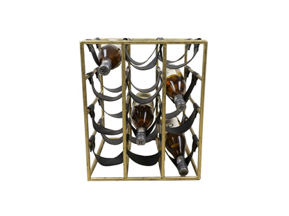 Wine rack 12 bottles - 33x32x40 - Antique gold/Black - Metal/Faux leather