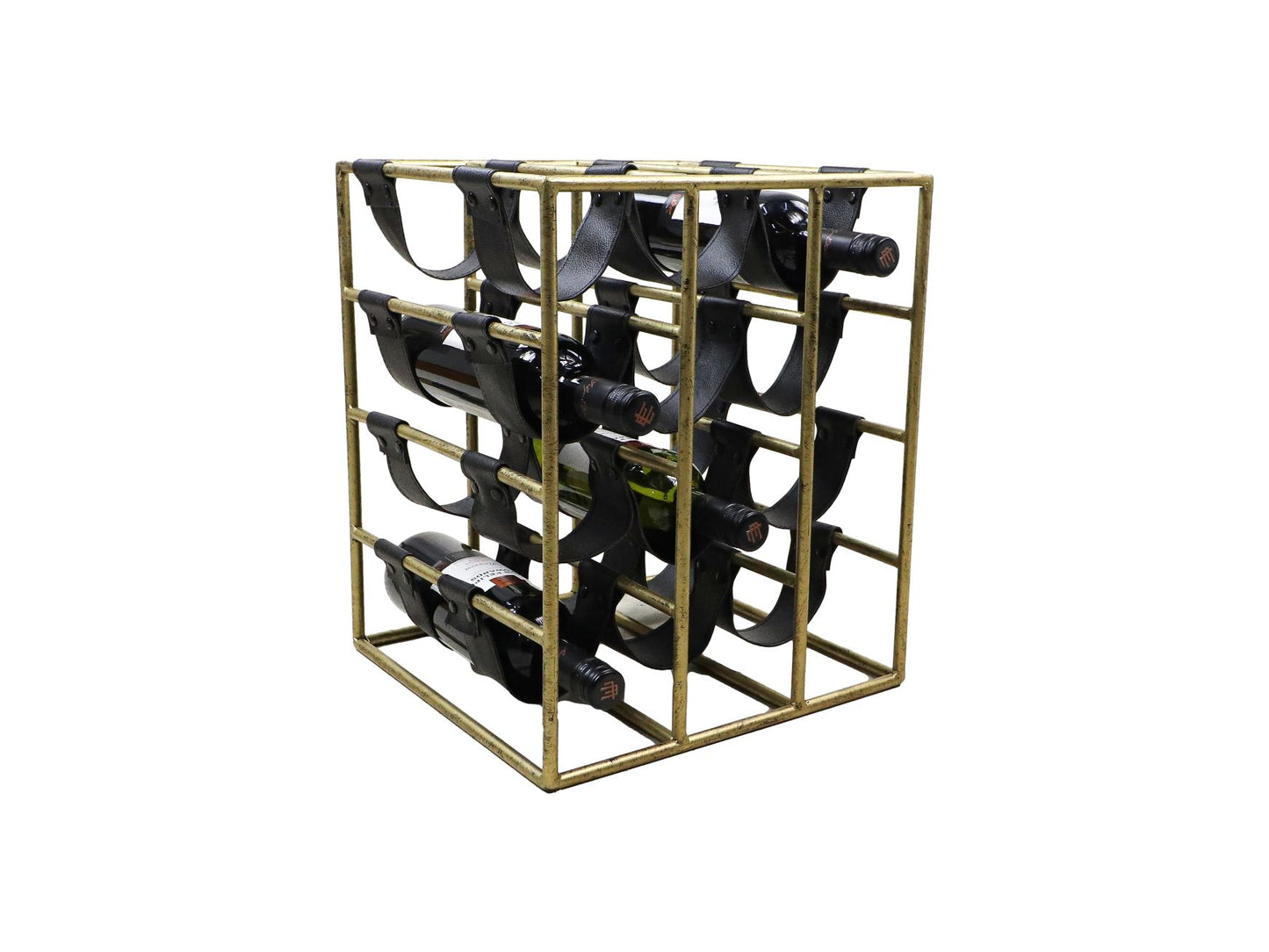 wine rack 12 bottles - 33x32x40 - antique gold/black - metal/faux leather